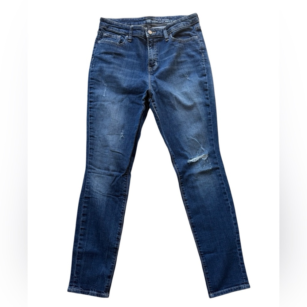 GAP 1969 Women's Distressed High Rise Skinny Leg Jeans - Dark Blue